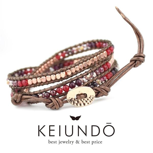 KEIUNDO レザー 3連 ラップ ブレスレット 天然石 ガーネット アベンチュリン 本革 巾着袋...