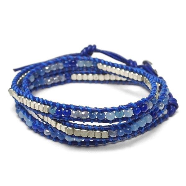 KEIUNDO レザー 3連 ラップ ブレスレット 天然石 ソーダライト 本革 巾着袋付き レディー...