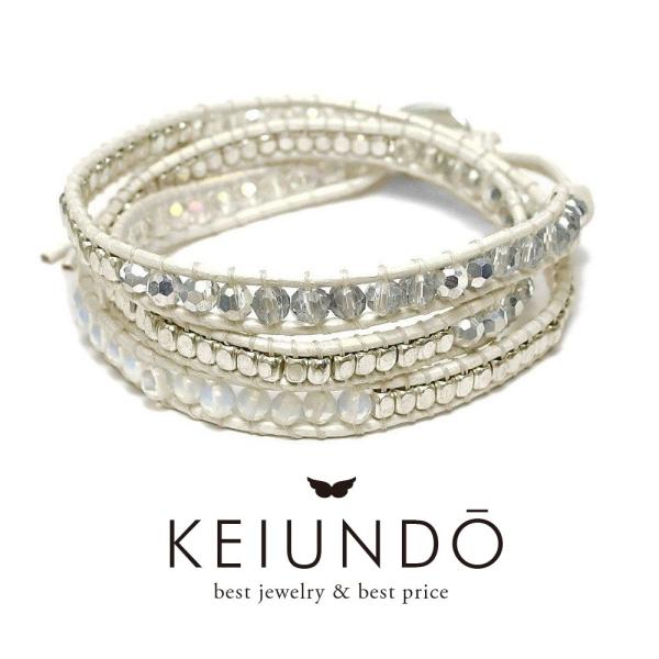 KEIUNDOオリジナル レザー 3連 ラップブレスレット クリスタル ビーズ ホワイト 本革 巾着...