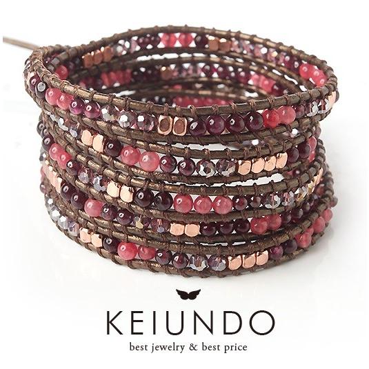 KEIUNDOオリジナル レザー 5連 ラップブレスレット 天然石 アベンチュリン ガーネット ダー...