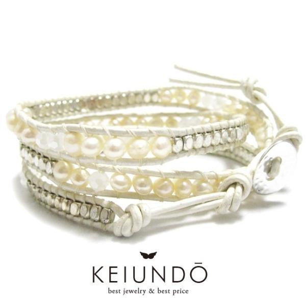 KEIUNDOオリジナル レザー 3連 ラップブレスレット 淡水 パール アイボリーレザーミックス ...