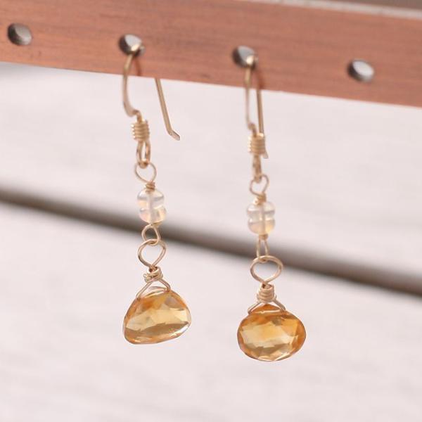 KEIUNDO シトリン &amp; エチオピア産プレシャス オパール 14KGF ピアス レディース 天然...