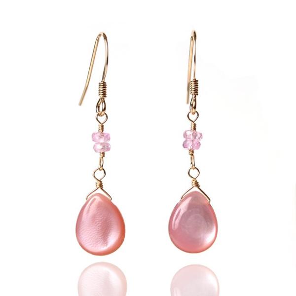 KEIUNDO ピンクシェル ペアシェイプカット &amp; ピンクサファイア ボタンカット 14KGF ピ...