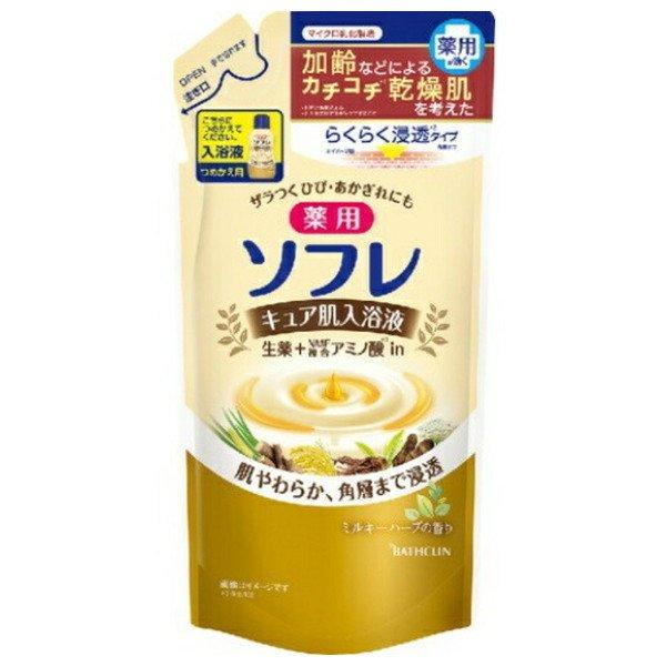 【送料無料・まとめ買い×4個セット】バスクリン 薬用ソフレ キュア肌入浴液 ミルキーハーブの香り つ...