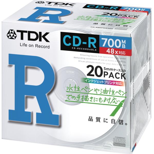 TDK データ用 CD-R 700MB 48X ホワイトプリンタブル 20枚パック CD-R80PW...