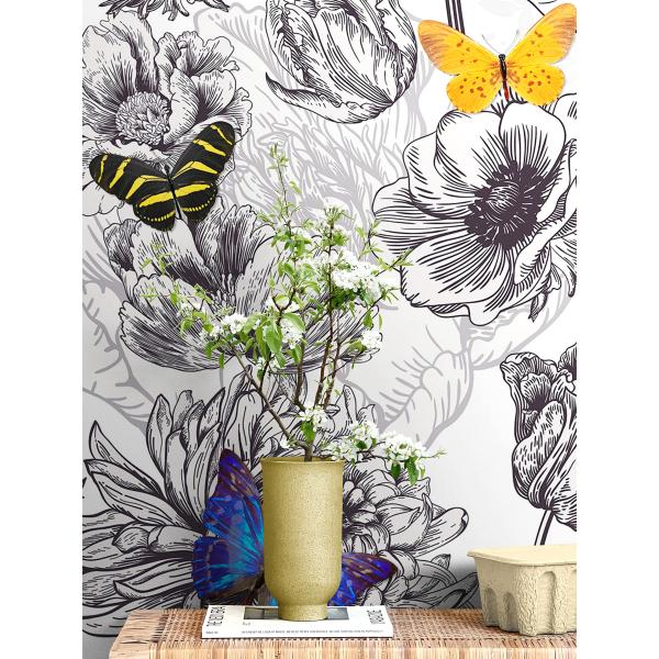 花の庭の蝶 壁画。レトロな黒と白のイラスト フローラルデザイン。剥がして貼る壁紙。#6320 (高さ...