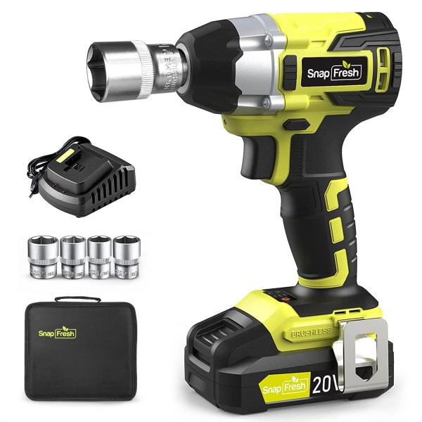 SnapFresh Cordless Impact Wrench, 20V 1/2” Brushle...