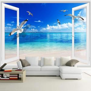Blue Sea Beach 3D Wall Murals Wallpaper, Window Seascape Panoram 並行輸入品
