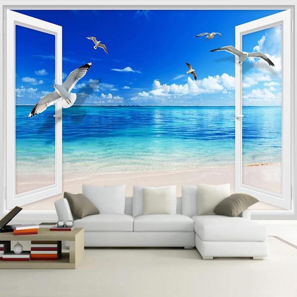 Blue Sea Beach 3D Wall Murals Wallpaper, Window Se...