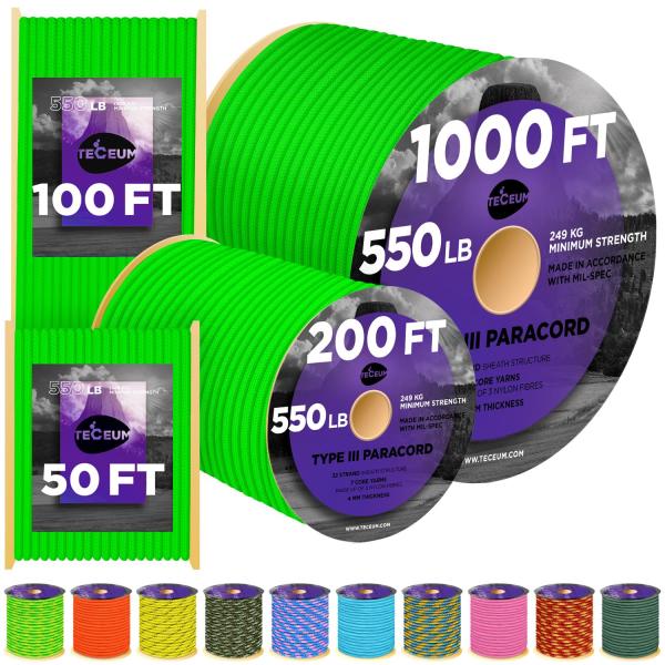 TECEUM Paracord Type III 550 Neon Green   1000 ft ...