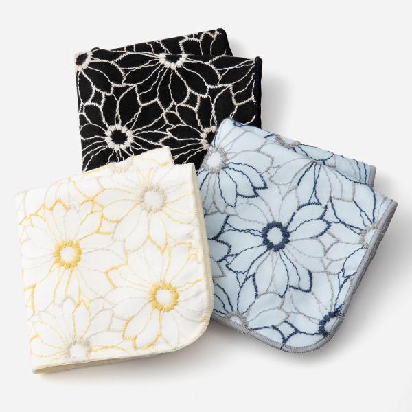 国産 エレガント タオル生地 吸水性 綿 日本製刺繍 おしゃれ ｜ ハンカチタオル 刺繍マーガレット...