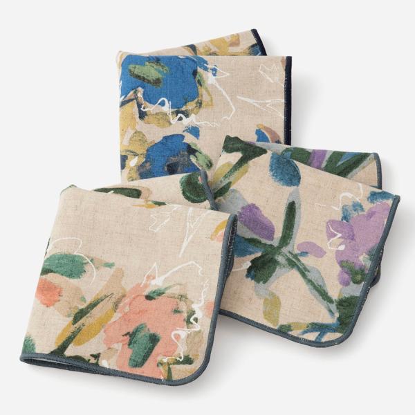 国産 花柄 手書き風 吸水性 麻 綿 かわいい ｜ ハンカチタオル 綿麻アートフラワー  KEYUC...