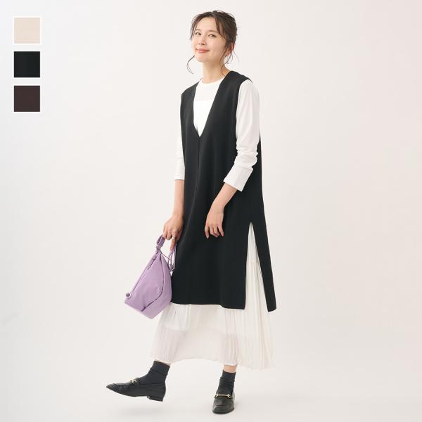 レディース トップス ベスト ロング Vネック タフニット 体型カバー ウォッシャブル 春 おしゃれ...