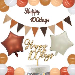 HaHaHa ナチュラルカラー 100日祝い 飾り セット バルーン 木製ケーキトッパー Happy 100 Days 記念日 パーティー
