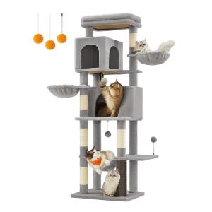 FEANDREA キャットタワー 猫タワー スリム 大型猫用 多頭飼い 据え置き 登りやすい 省スペース ハンモック 見晴台 ねこハウス ボンボン