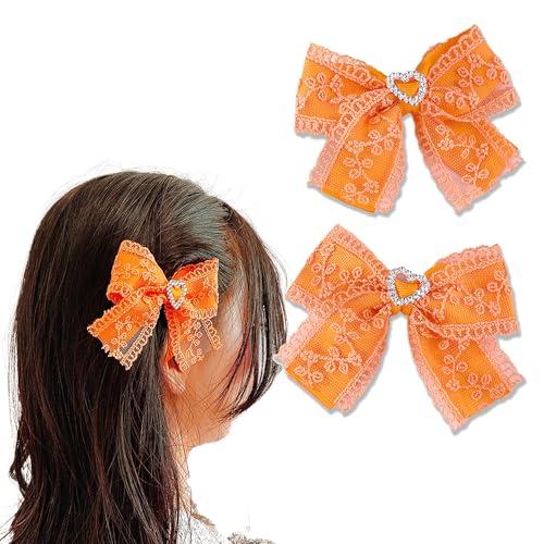 ハートビジュー付きカラーレースリボンクリップ2個セット オレンジ [並行輸入品]
