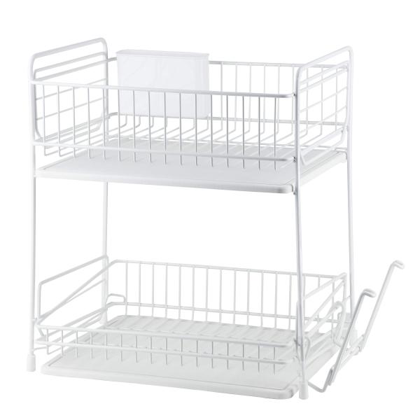 パール金属 鉄 食器 水切り かご バスケット 2段 ホワイト 珪藻土トレー付 AZ-5511