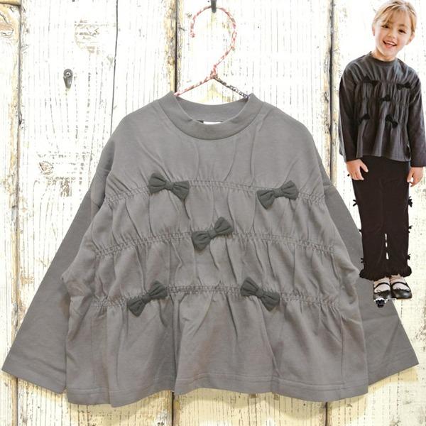 p.premier　プルミエ　リボン＆ギャザーの長袖Tシャツ 子供服 セール 24秋冬