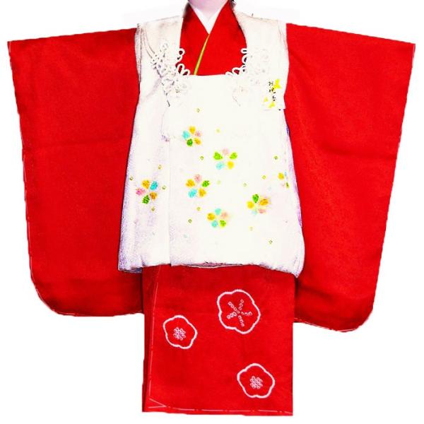 七五三着物 3歳着物 753 被布セット 正絹手絞り、手描き柄赤ｘ白　日本製