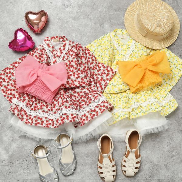 30％OFFセール 浴衣 2点セット いちご レモン柄 女の子 子供 キッズ 上下セット 90-14...
