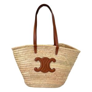 新品同様 CELINE セリーヌ Large Triomphe ラフィア × レザー カゴバッグ クラシック パニエ ナチュラル タン レディース 古着 中古