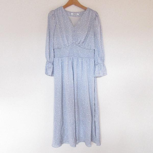 美品 SNIDEL スナイデル ドットプリント 長袖 ロング フレア ワンピース F ブルー レディ...