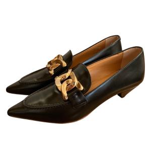 新品同様 TOD'S トッズ ゴールドチェーン付き レザー ポインテッドトゥローファーパンプス サイズ34 1/2 21.5cm相当 ブラック レディース 古着 中古