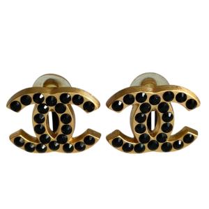 良品 CHANEL シャネル 01A ココマーク ブラックラインストーン クリップイヤリング 箱付き ゴールドカラー レディース 古着 中古