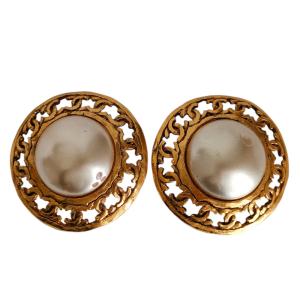 良品 CHANEL シャネル 25 ココマーク メタル フェイクパール クリップイヤリング アクセサリー GP ゴールドカラー レディース 古着 中古