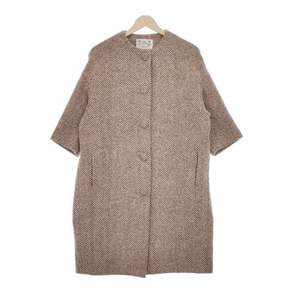 R&amp;D.M.Co- ヘリンボーン ノーカラー 七分袖 定価74000円 コート ブラウン ベージュ ...
