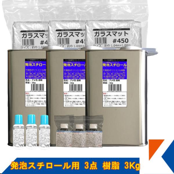 キクメン FRP 発泡スチロール用3点 樹脂3Kg（促進剤付き） 硬化剤 ガラスマット 配送無料