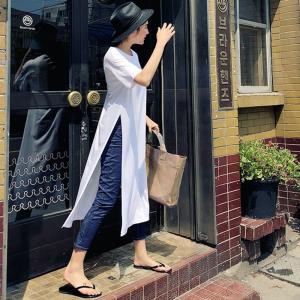ワンピース レディース ロング モード系 Tシャツ カットソー サイドスリット 半袖 ディープスリット 10代 20代 30代 40代 50代
