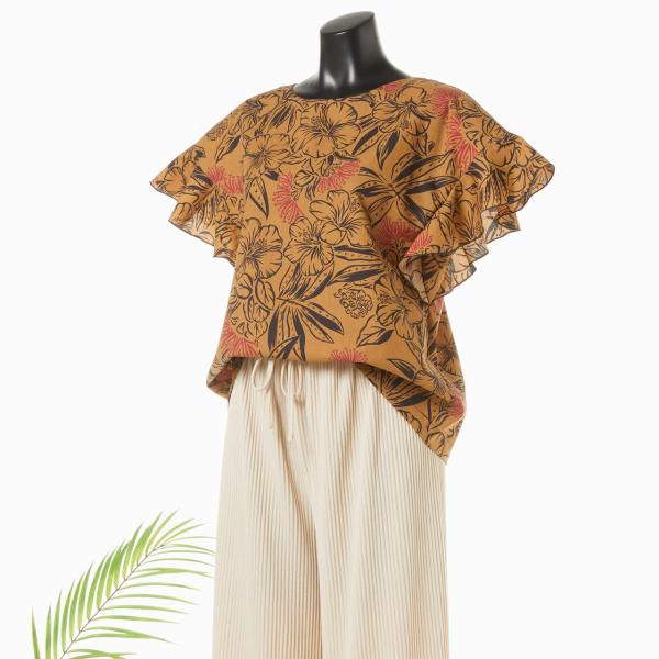 ハワイ 袖フリルブラウス ハイビスカス レフア 濃ベージュ 東北 ハワイアンファブリック