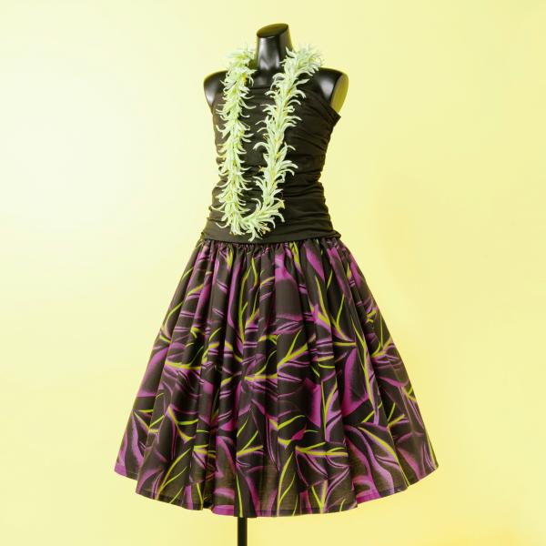 パウスカート リーフ柄 黒 ブラック ピンク 黄緑 フラダンス 東北