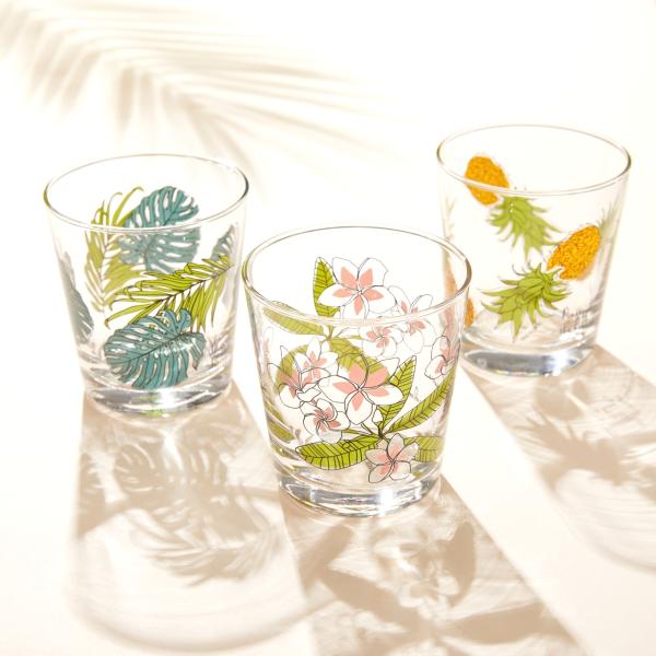 ハワイアングラス 3柄セット プルメリア パイナップル モンステラ コップ