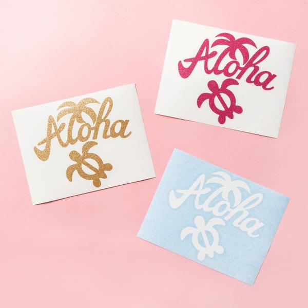 ラメ入り カッティングステッカー ハワイ ホヌ ALOHA ヤシの木 デカール シール 屋外 白 ピ...