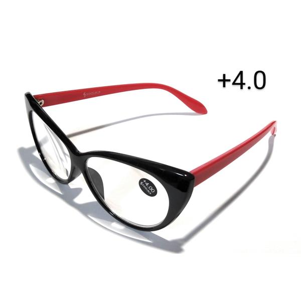 リーディンググラス +4.0 黒いリムと赤いテンプル フォックス キャッツアイ おしゃれな老眼鏡