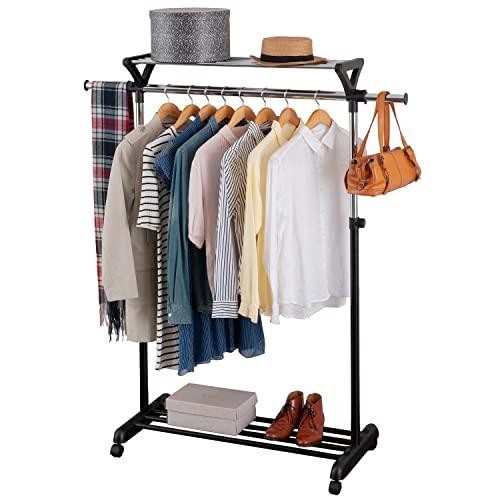 ドウシシャ ハンガーラック 掛ける・置ける 上下棚付き 縦横伸縮 パイプハンガー 全体耐荷重22kg...