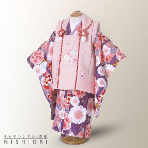 小町kids レンタル商品 3歳の七五三 女の子 被布コート 着物 フルセット 貸衣装 三歳 古典 モダン ピンク 紫 ねじり梅｜和装通販 西織