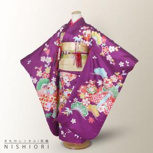 花うさぎ レンタル商品 7歳の七五三 女の子 四つ身 着物 帯 フルセット 貸衣装 七歳 紫 松竹梅 鞠