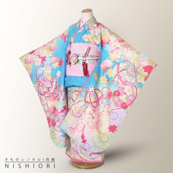 乙葉 レンタル商品 7歳の七五三 女の子 四つ身 着物 帯 フルセット 貸衣装 七歳 鞠 青 水色