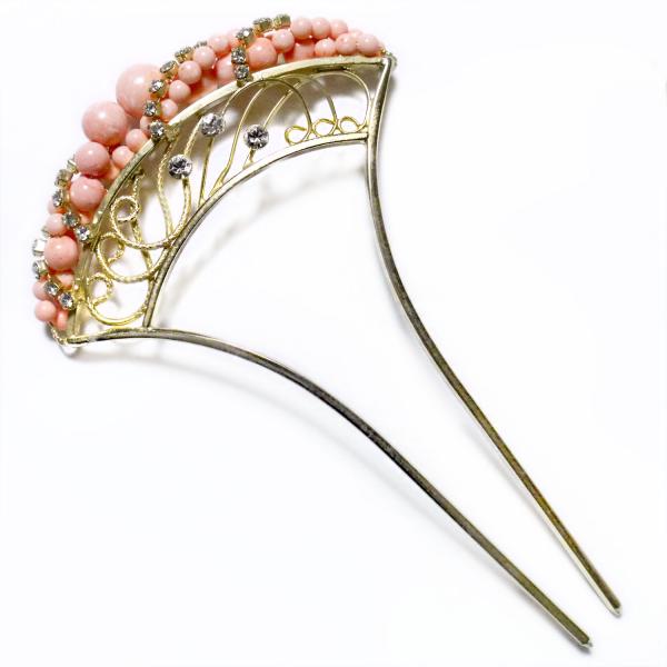 花しおり 日本製 かんざし バチ型 髪飾り 振袖 袴 ラインストーン ゴールド 珊瑚風ビーズ ピンク...