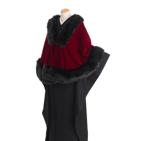 新品　ファー付き　ベルベットケープ　ボルドー