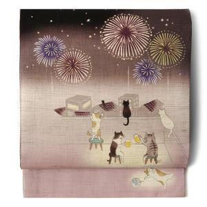 京袋帯 WAKKA 麻 ネコ 花火 ビール 夏帯 ボルドー ブラウン