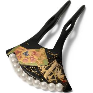 かんざし 竹 梅 蒔絵風 溜塗 パール 黒 バチ型 フォーマル 髪飾り ヘア