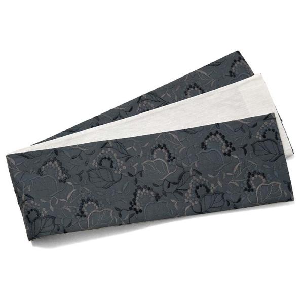半幅帯  刺繍 花唐草 アッシュグレー 綿麻 日本製 半巾帯 細帯 カジュアル 夏帯