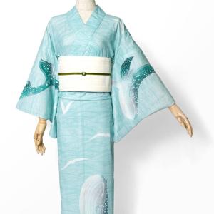 SOUBIEN（創美苑） 浴衣 レディース 単品 ミント 薄青緑 波 クジラ 鯨