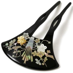 かんざし 螺鈿 瓢箪 菊 蒔絵風 黒 バチ型 フォーマル 髪飾り ヘア