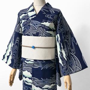 美術サロン ] 浴衣 藍捺染 知多木綿 麻混 [水紋絞] 日本製 仕立て