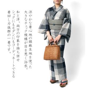 浴衣 綿麻 先染め ブロックチェック ネイビー...の詳細画像1